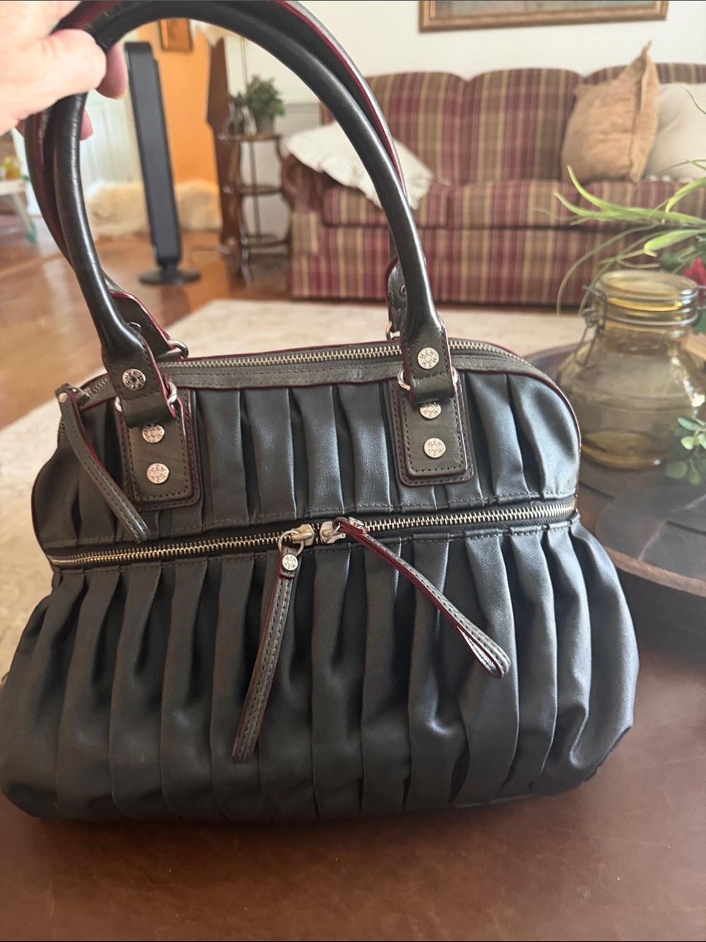 Women's Pleated Black Leather Satchel Handbag